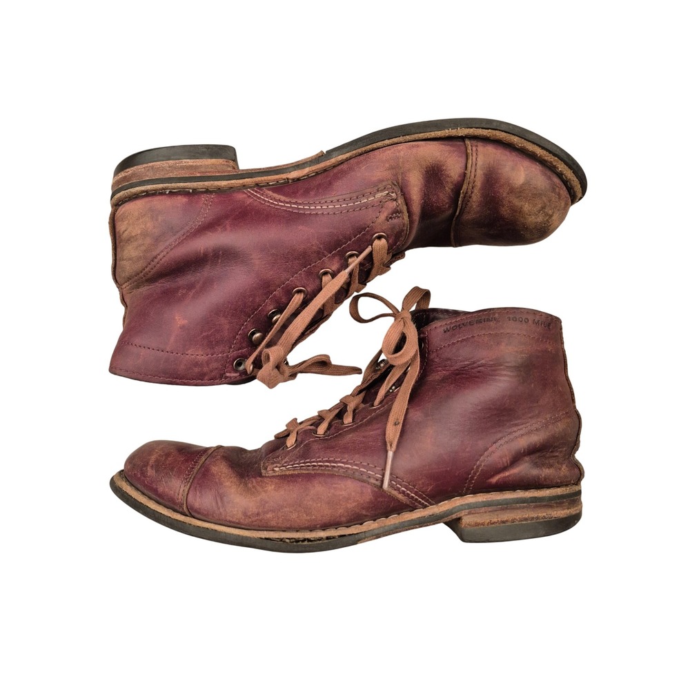 Wolverine 1000 Mile Red Brown Leather Cap Toe Lace Up Distressed Boots Sz 9.5 D